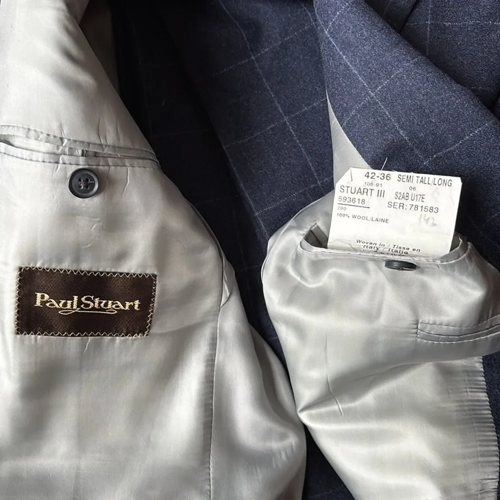 *Luxury* Paul Stuart Navy Windowpane Check Wool Flannel 2 Btn Suit 42 L